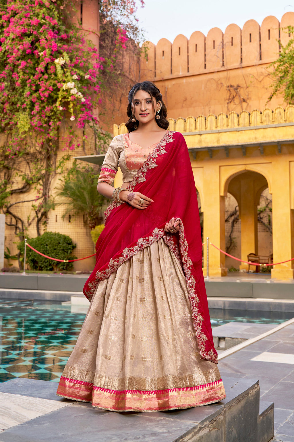 Lorenvalley Fashion Cream Slub Kota Zari Weaving Work with Paithani (Jacquard) Border Lehenga Choli with Dupatta | Grocsy
