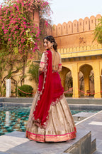 Lorenvalley Fashion Cream Slub Kota Zari Weaving Work with Paithani (Jacquard) Border Lehenga Choli with Dupatta | Grocsy