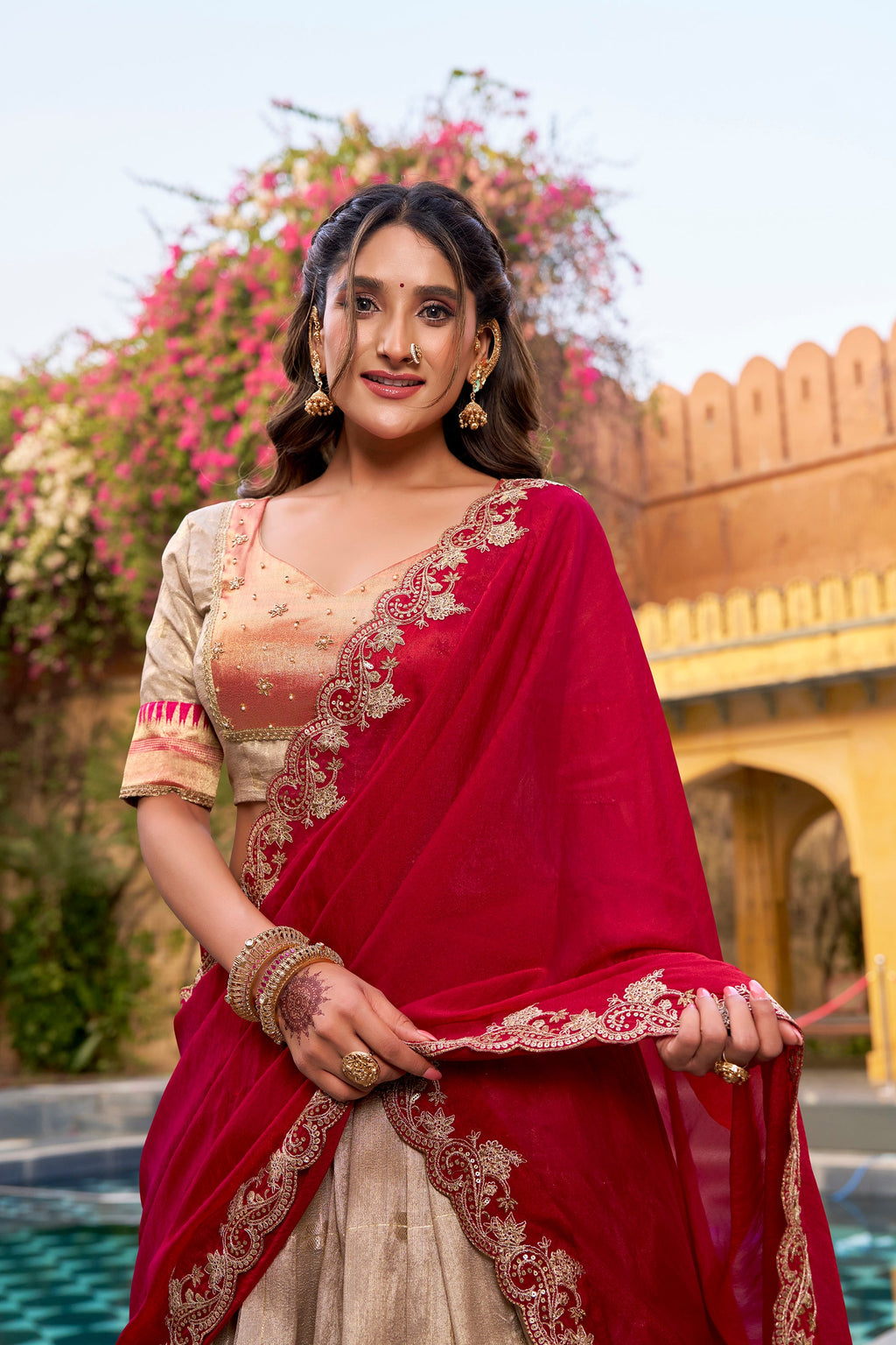 Lorenvalley Fashion Cream Slub Kota Zari Weaving Work with Paithani (Jacquard) Border Lehenga Choli with Dupatta | Grocsy