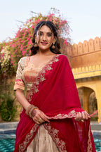 Lorenvalley Fashion Cream Slub Kota Zari Weaving Work with Paithani (Jacquard) Border Lehenga Choli with Dupatta | Grocsy