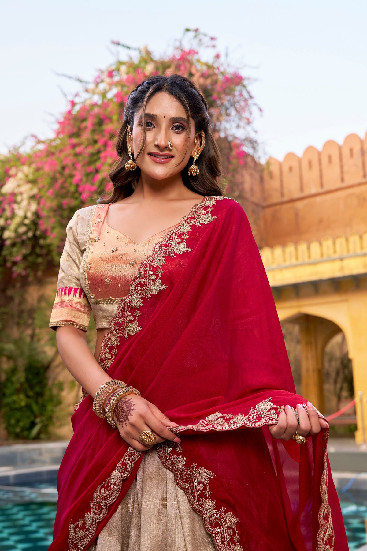 Lorenvalley Fashion Cream Slub Kota Zari Weaving Work with Paithani (Jacquard) Border Lehenga Choli with Dupatta | Grocsy