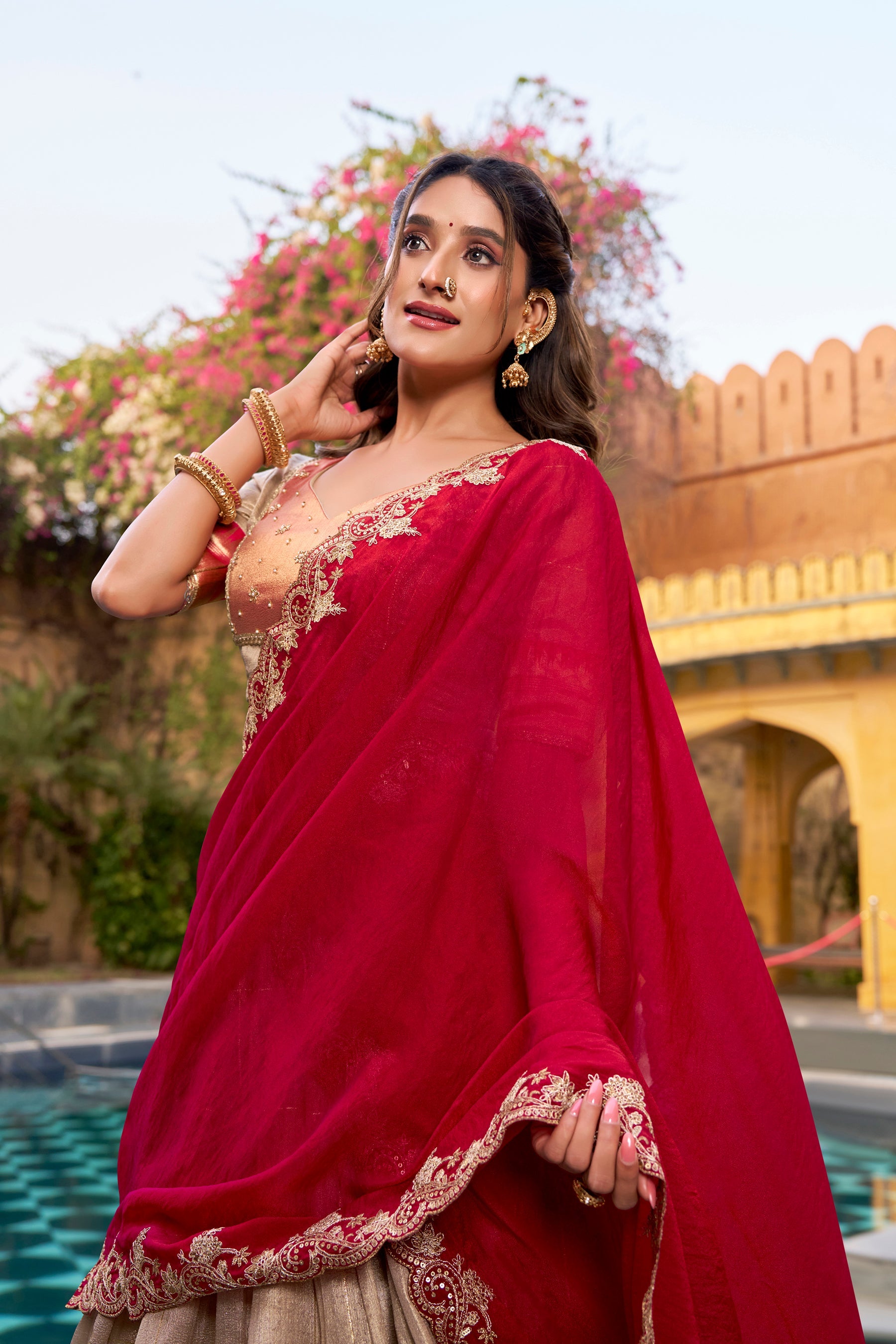 Lorenvalley Fashion Cream Slub Kota Zari Weaving Work with Paithani (Jacquard) Border Lehenga Choli with Dupatta | Grocsy