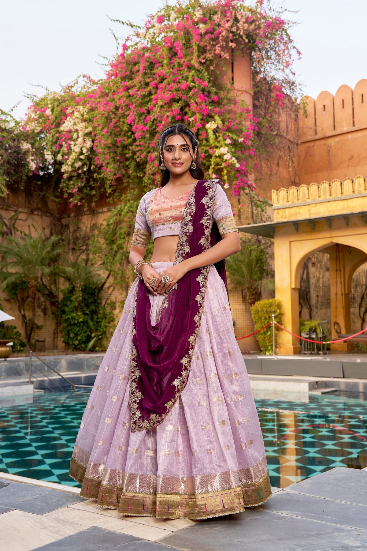 Lorenvalley Fashion Pink Slub Kota Zari Weaving Work with Paithani (Jacquard) Border Lehenga Choli with Dupatta | Grocsy
