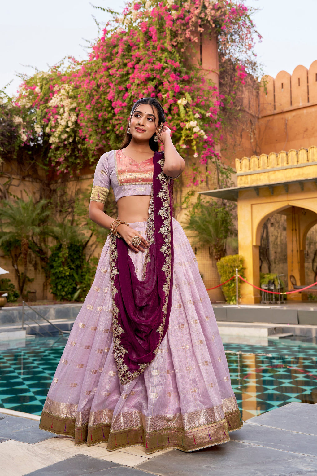 Lorenvalley Fashion Pink Slub Kota Zari Weaving Work with Paithani (Jacquard) Border Lehenga Choli with Dupatta | Grocsy
