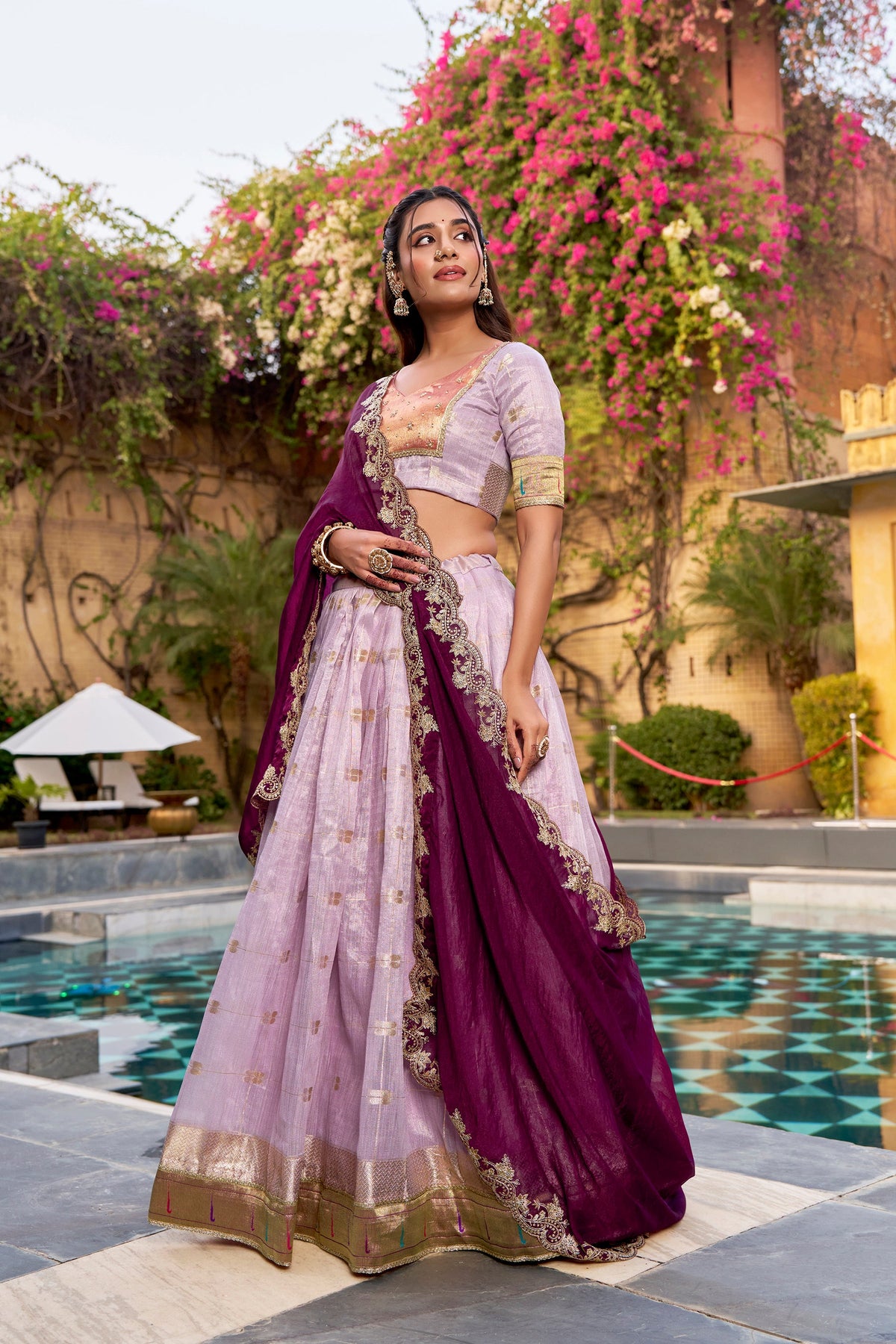 Lorenvalley Fashion Pink Slub Kota Zari Weaving Work with Paithani (Jacquard) Border Lehenga Choli with Dupatta | Grocsy