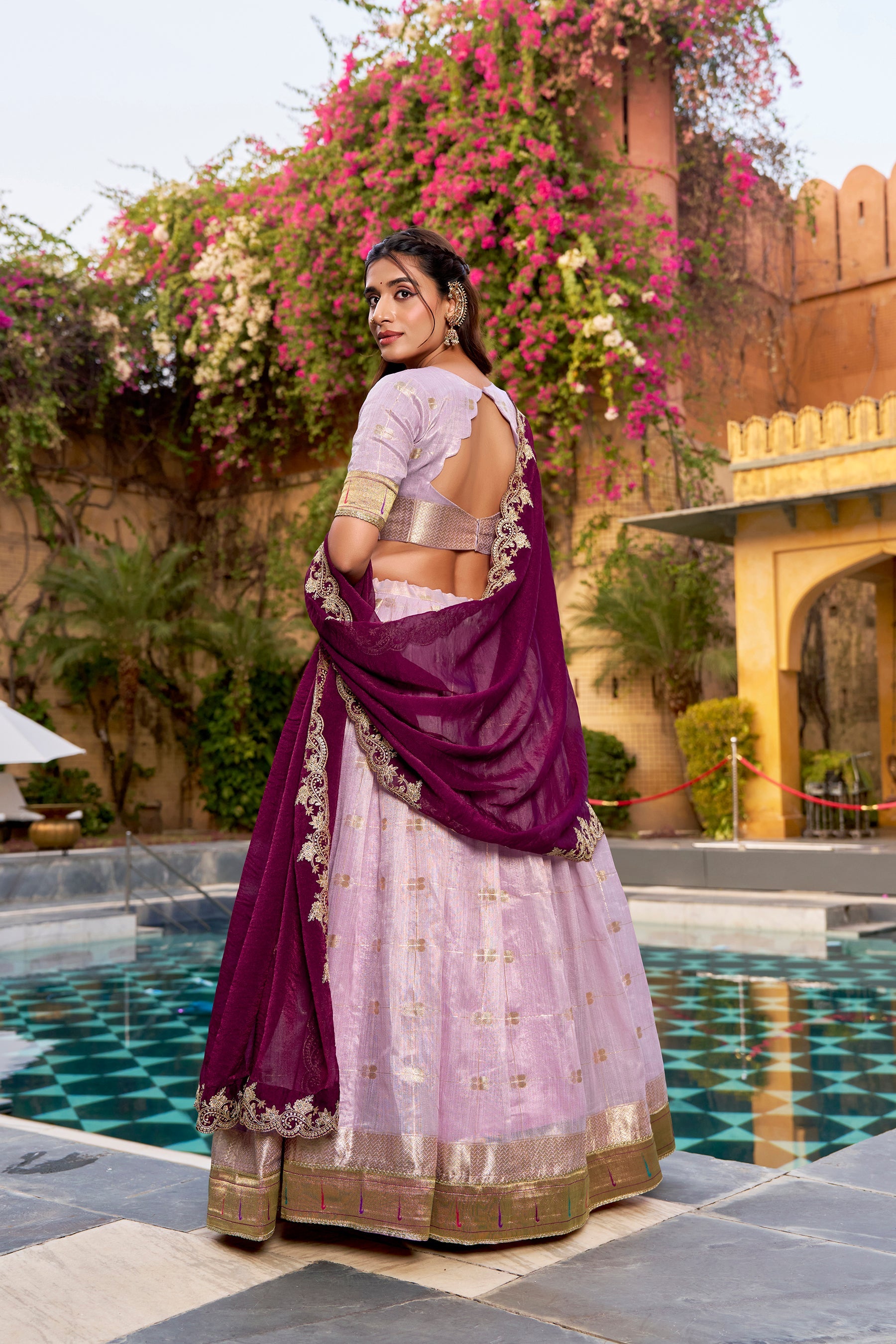 Lorenvalley Fashion Pink Slub Kota Zari Weaving Work with Paithani (Jacquard) Border Lehenga Choli with Dupatta | Grocsy