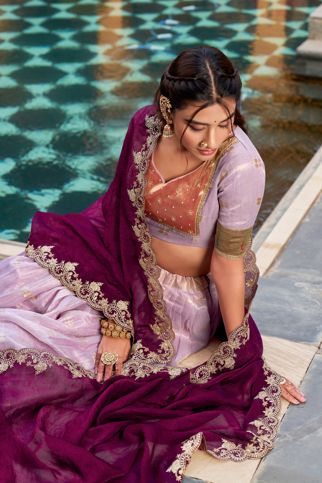 Lorenvalley Fashion Pink Slub Kota Zari Weaving Work with Paithani (Jacquard) Border Lehenga Choli with Dupatta | Grocsy