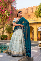 Lorenvalley Fashion Skyblue Slub Kota Zari Weaving Work with Paithani (Jacquard) Border Lehenga Choli with Dupatta | Grocsy