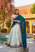 Lorenvalley Fashion Skyblue Slub Kota Zari Weaving Work with Paithani (Jacquard) Border Lehenga Choli with Dupatta | Grocsy