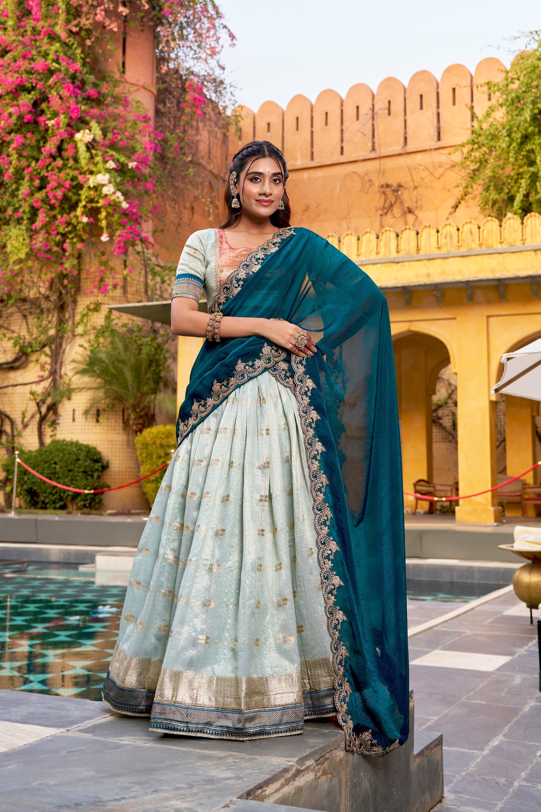 Lorenvalley Fashion Skyblue Slub Kota Zari Weaving Work with Paithani (Jacquard) Border Lehenga Choli with Dupatta | Grocsy