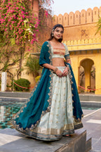 Lorenvalley Fashion Skyblue Slub Kota Zari Weaving Work with Paithani (Jacquard) Border Lehenga Choli with Dupatta | Grocsy