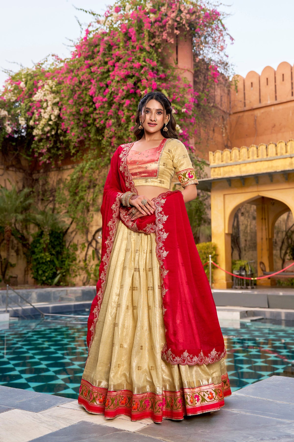Lorenvalley Fashion Yellow Slub Kota Zari Weaving Work with Paithani (Jacquard) Border Lehenga Choli with Dupatta | Grocsy