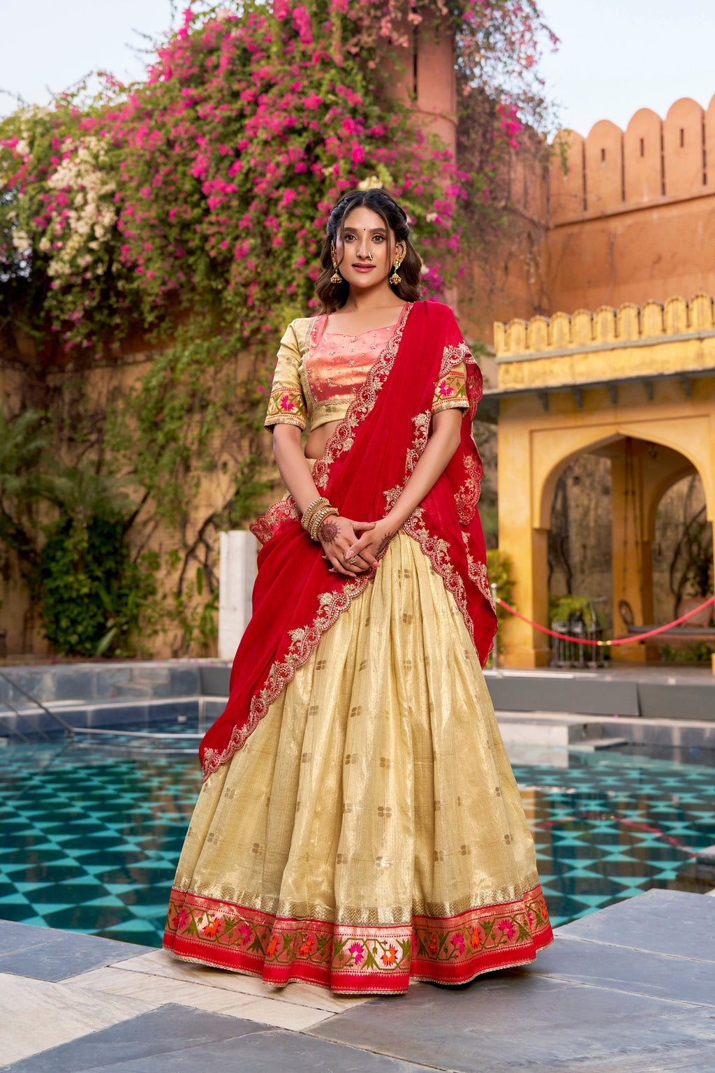 Lorenvalley Fashion Yellow Slub Kota Zari Weaving Work with Paithani (Jacquard) Border Lehenga Choli with Dupatta | Grocsy