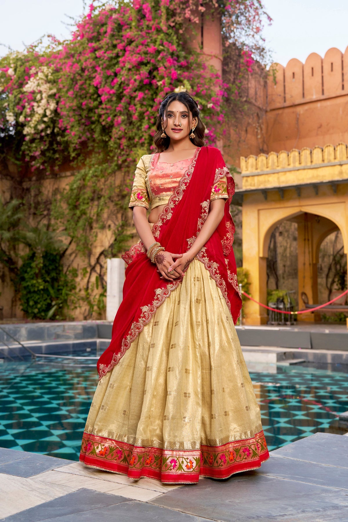 Lorenvalley Fashion Yellow Slub Kota Zari Weaving Work with Paithani (Jacquard) Border Lehenga Choli with Dupatta | Grocsy