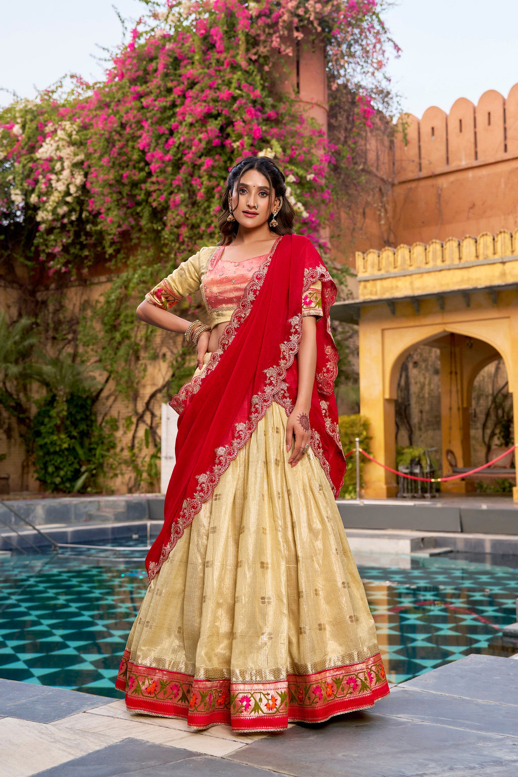 Lorenvalley Fashion Yellow Slub Kota Zari Weaving Work with Paithani (Jacquard) Border Lehenga Choli with Dupatta | Grocsy