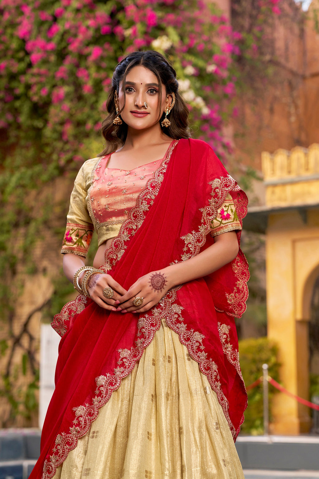 Lorenvalley Fashion Yellow Slub Kota Zari Weaving Work with Paithani (Jacquard) Border Lehenga Choli with Dupatta | Grocsy