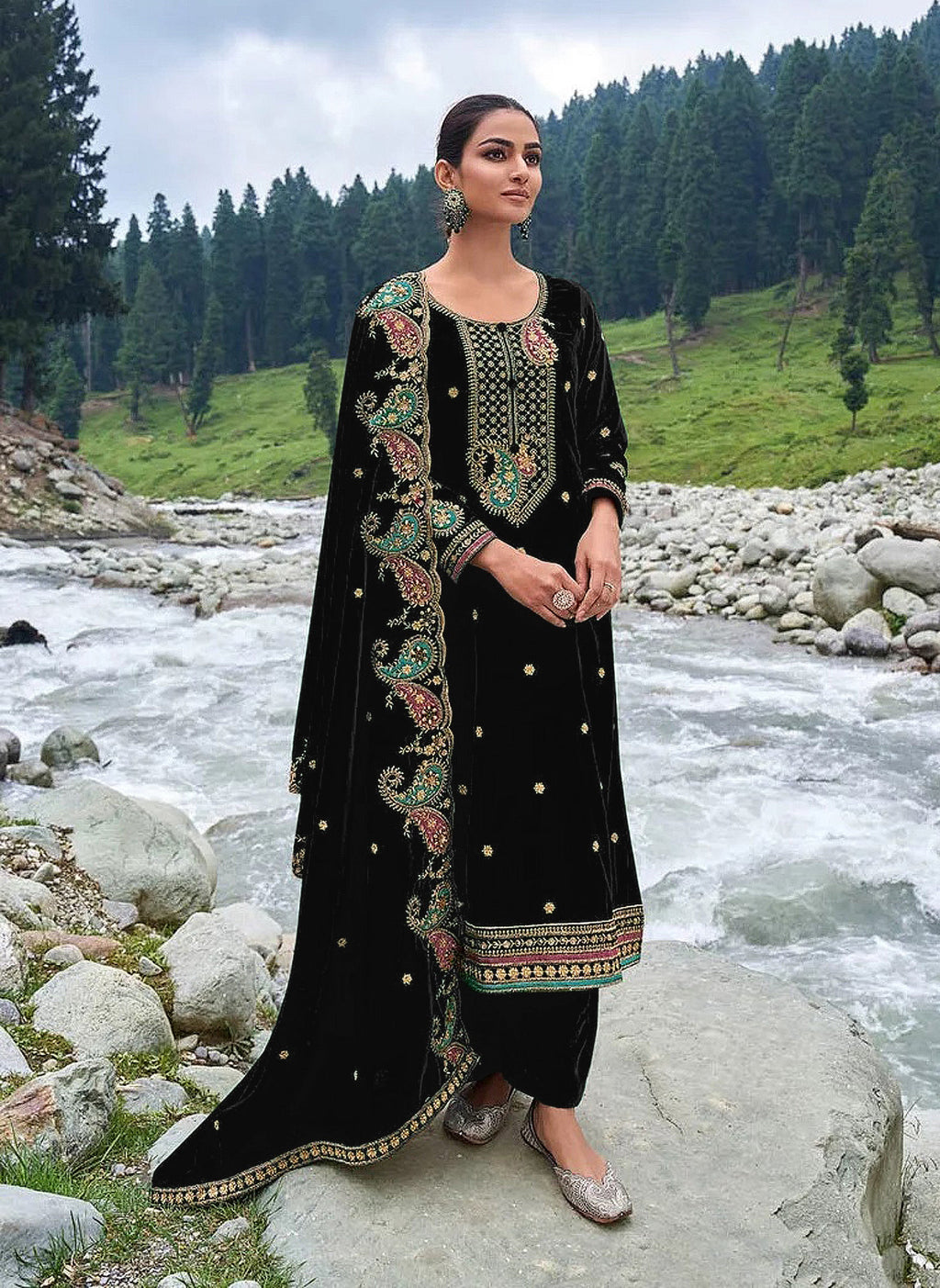Lorenvalley Fashion Women Black Velvet Embroidered Salwar Suit Material | Grocsy