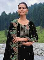Lorenvalley Fashion Women Black Velvet Embroidered Salwar Suit Material | Grocsy