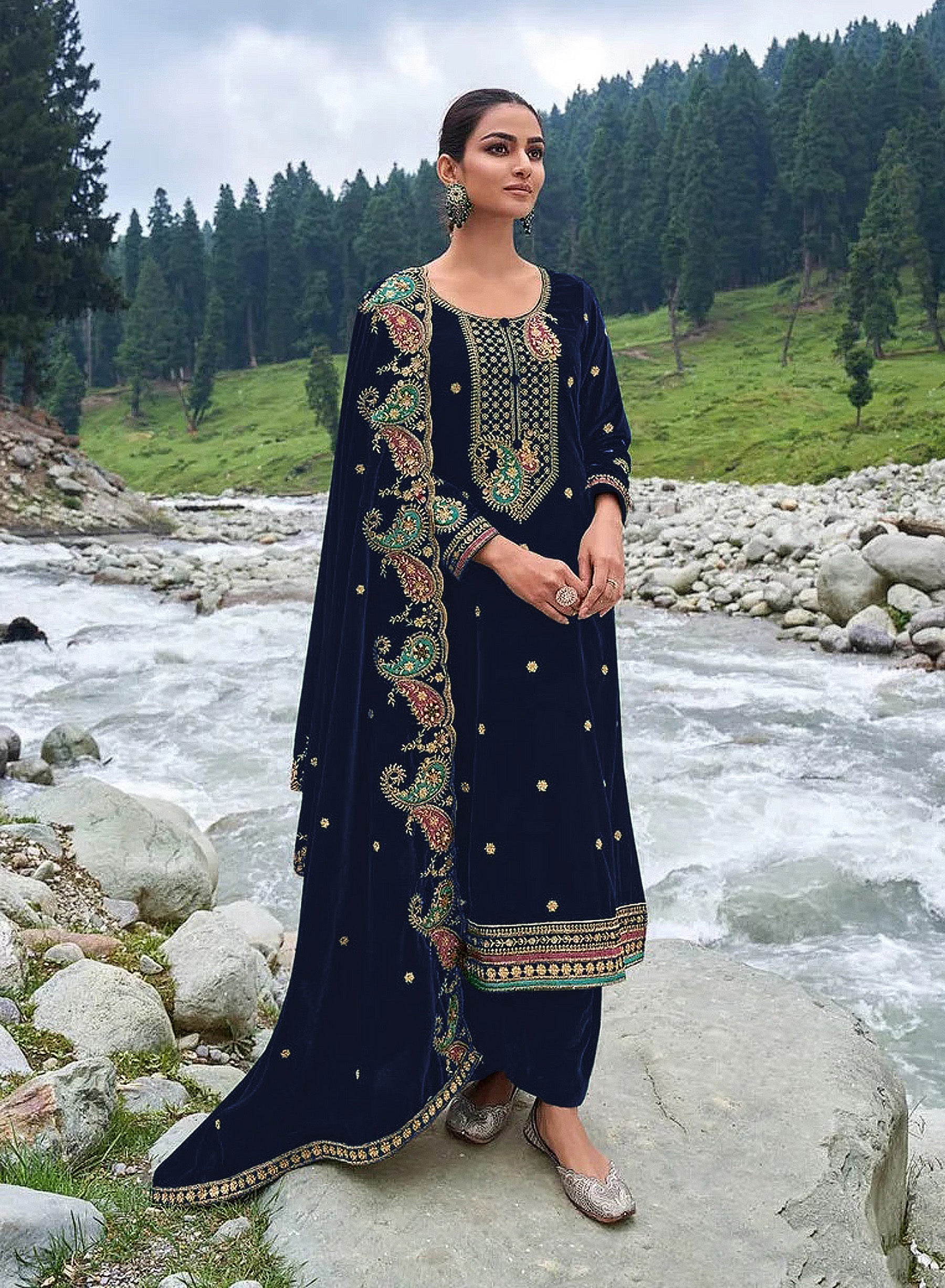Lorenvalley Fashion Women Blue Velvet Embroidered Salwar Suit Material | Grocsy