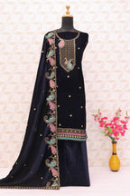 Lorenvalley Fashion Women Blue Velvet Embroidered Salwar Suit Material | Grocsy