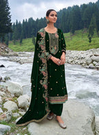 Lorenvalley Fashion Women Green Velvet Embroidered Salwar Suit Material | Grocsy