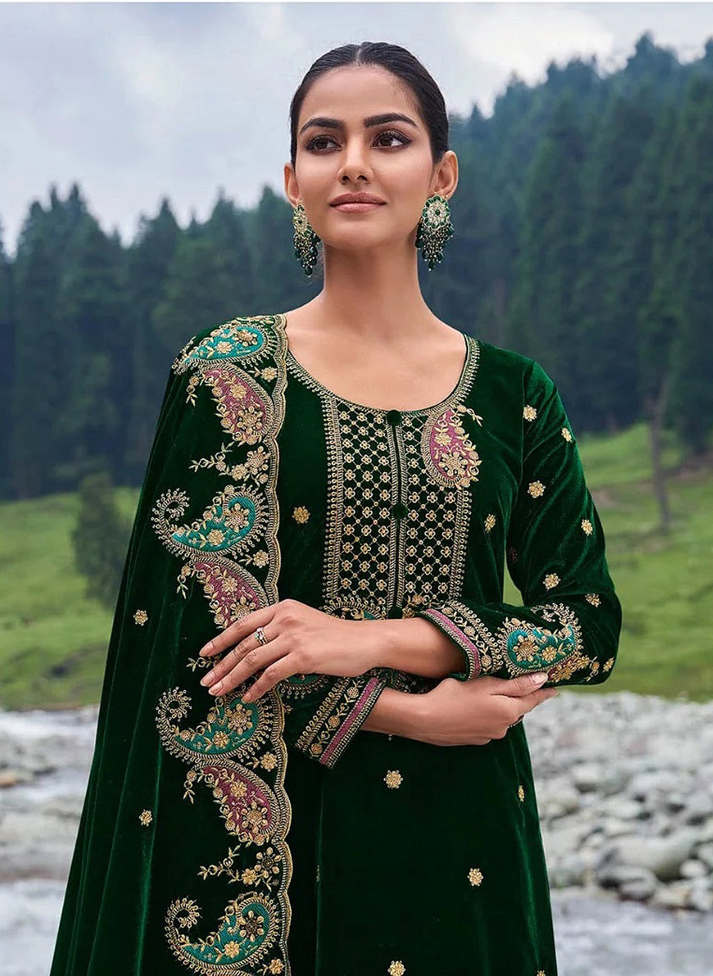 Lorenvalley Fashion Women Green Velvet Embroidered Salwar Suit Material | Grocsy