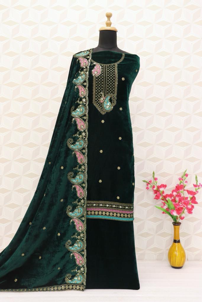 Lorenvalley Fashion Women Green Velvet Embroidered Salwar Suit Material | Grocsy