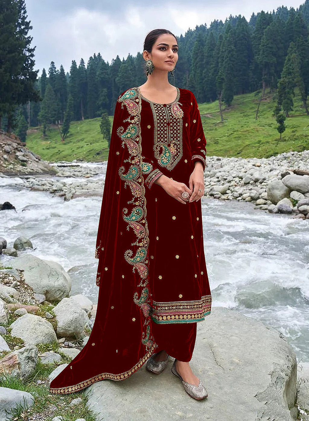 Lorenvalley Fashion Women Maroon Velvet Embroidered Salwar Suit Material | Grocsy