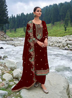 Lorenvalley Fashion Women Maroon Velvet Embroidered Salwar Suit Material | Grocsy
