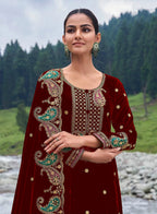 Lorenvalley Fashion Women Maroon Velvet Embroidered Salwar Suit Material | Grocsy