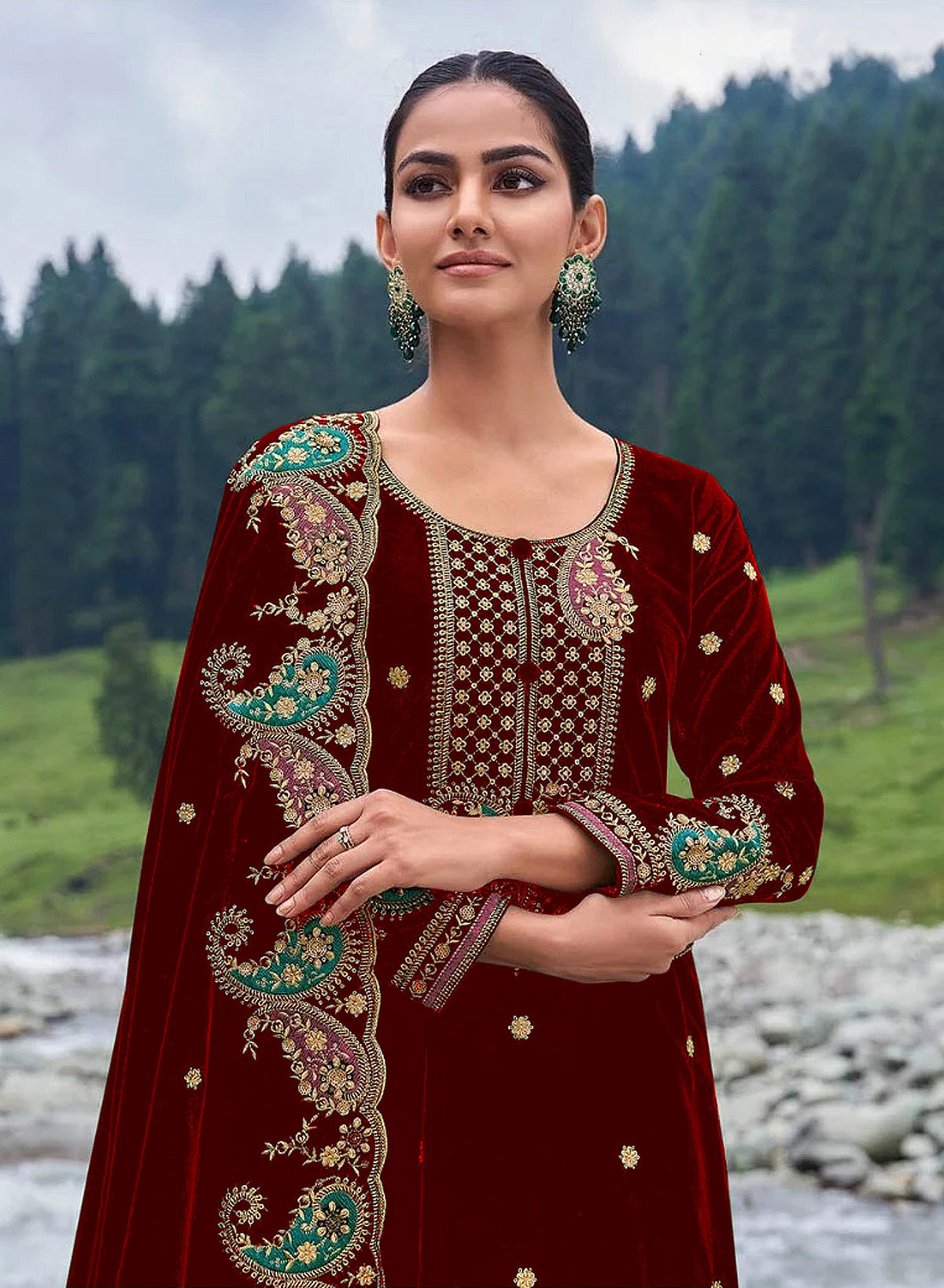 Lorenvalley Fashion Women Maroon Velvet Embroidered Salwar Suit Material | Grocsy