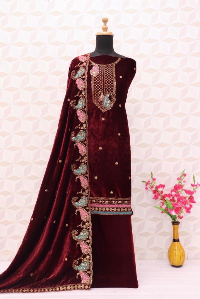 Lorenvalley Fashion Women Maroon Velvet Embroidered Salwar Suit Material | Grocsy