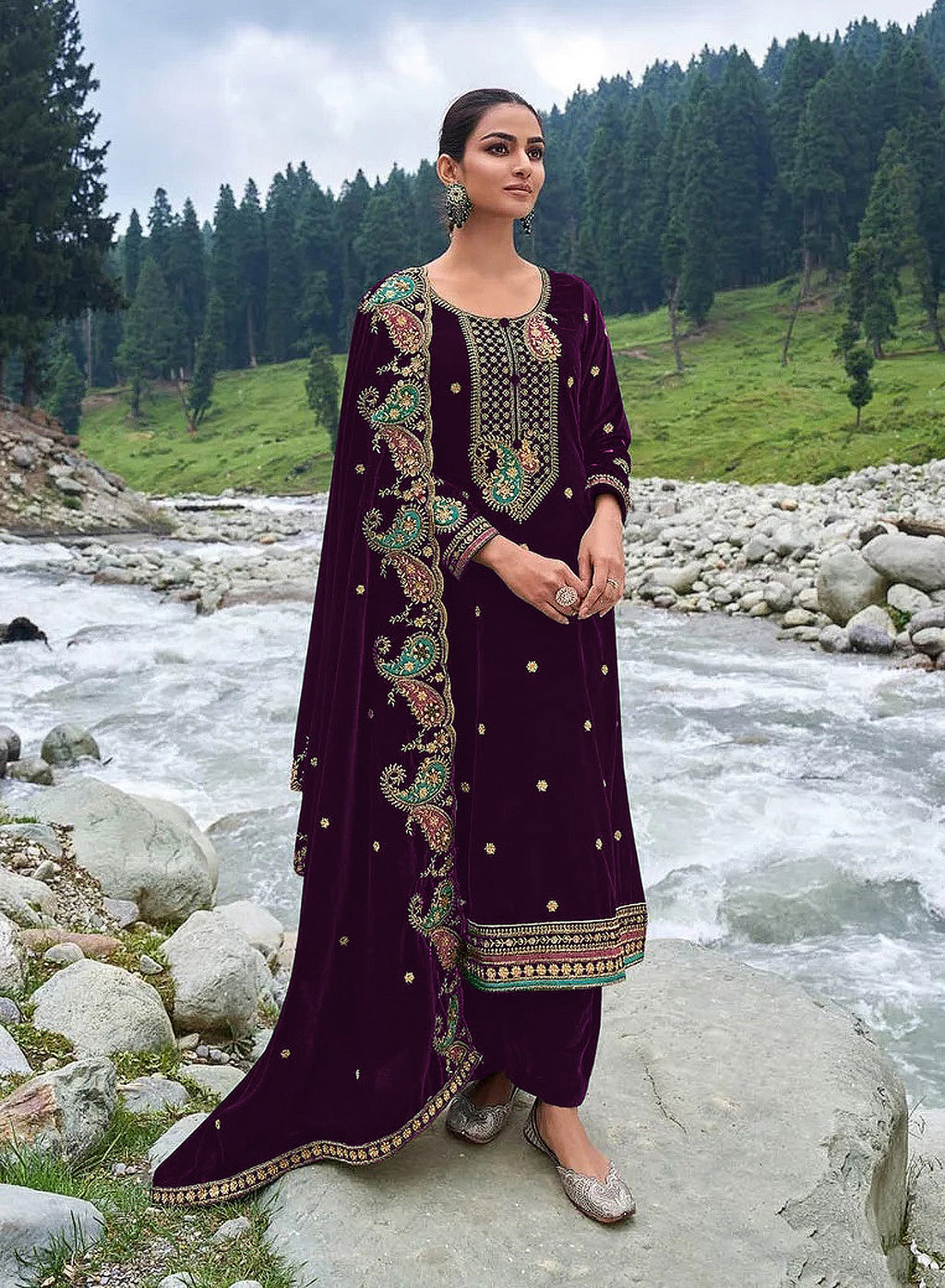 Lorenvalley Fashion Women Purple Velvet Embroidered Salwar Suit Material | Grocsy