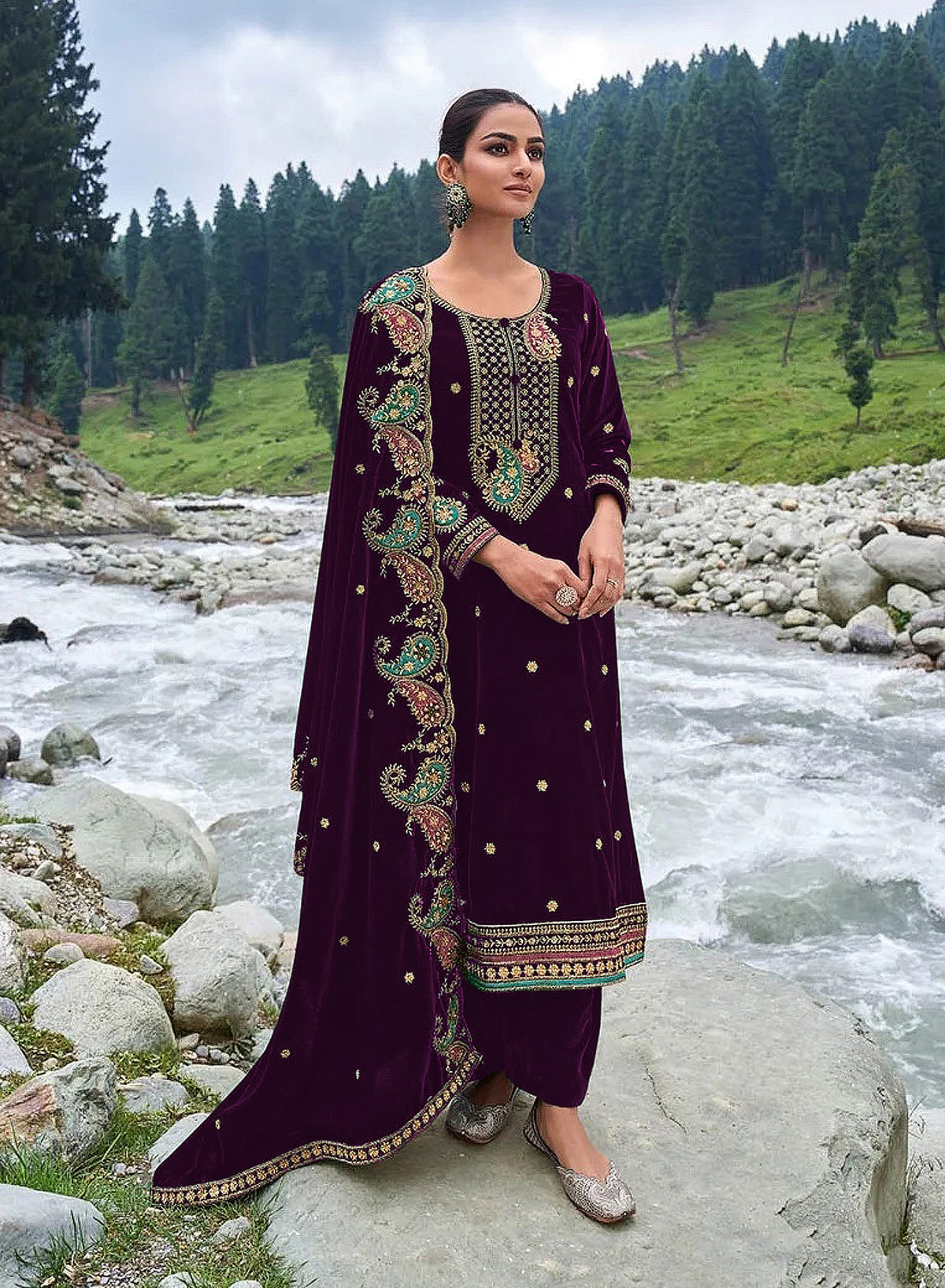 Lorenvalley Fashion Women Purple Velvet Embroidered Salwar Suit Material | Grocsy