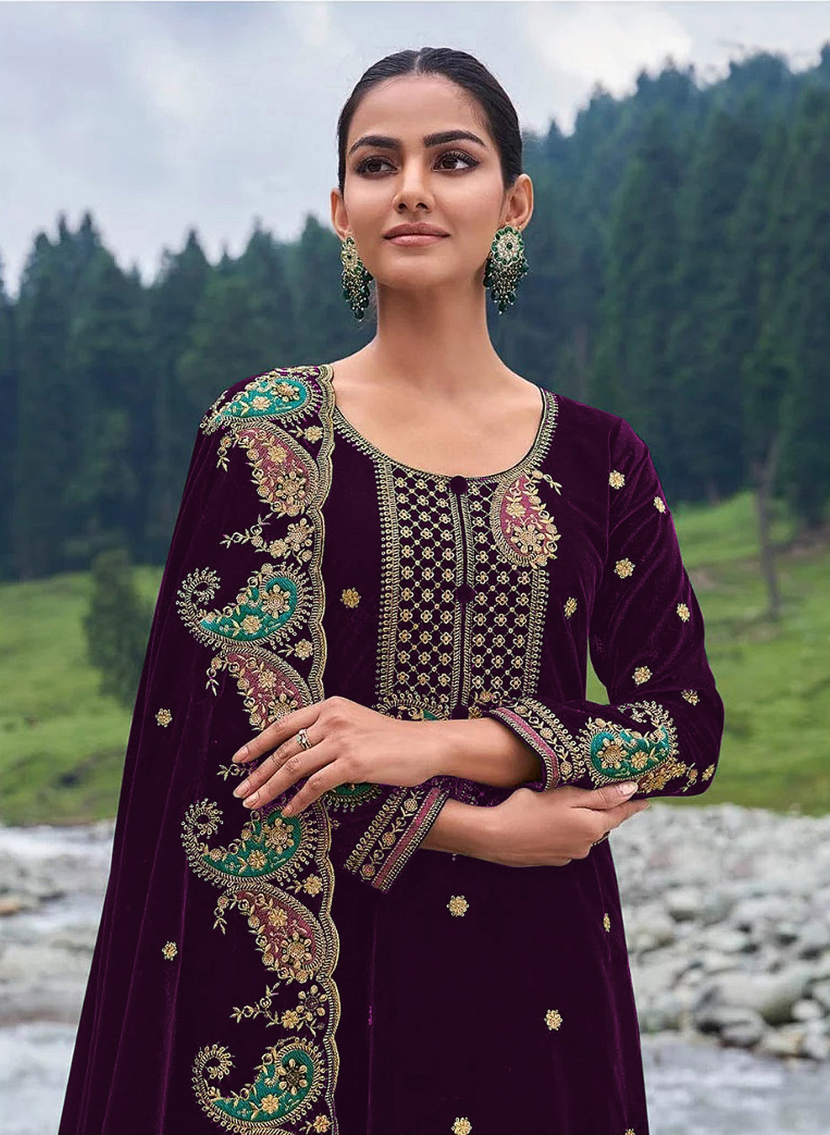 Lorenvalley Fashion Women Purple Velvet Embroidered Salwar Suit Material | Grocsy
