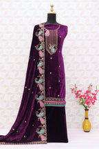 Lorenvalley Fashion Women Purple Velvet Embroidered Salwar Suit Material | Grocsy