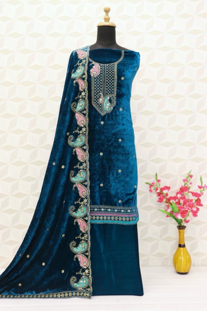 Lorenvalley Fashion Women Rama Velvet Embroidered Salwar Suit Material | Grocsy
