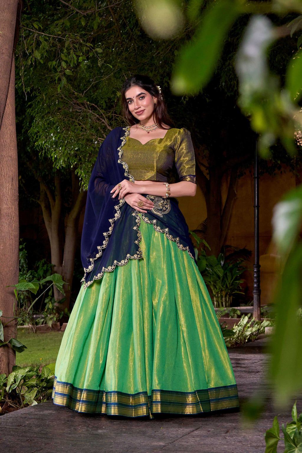 Lorenvalley Fashion Seagreen Kanchipuram Zari Weaving Work Lehenga Choli with Dupatta | Grocsy