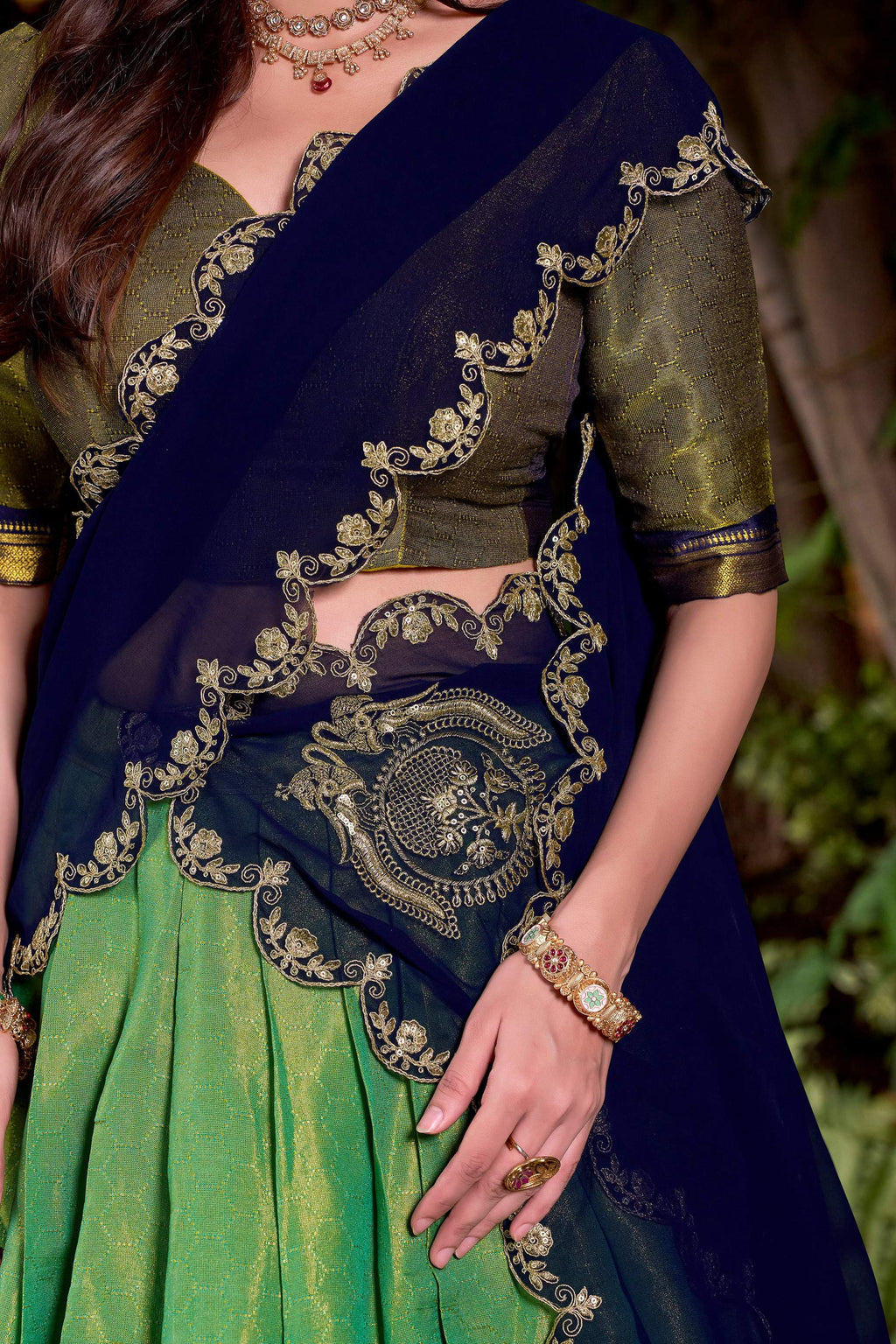 Lorenvalley Fashion Seagreen Kanchipuram Zari Weaving Work Lehenga Choli with Dupatta | Grocsy