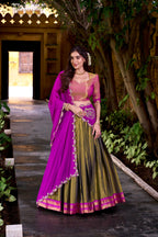 Lorenvalley Fashion Mahendi Kanchipuram Zari Weaving Work Lehenga Choli with Dupatta | Grocsy