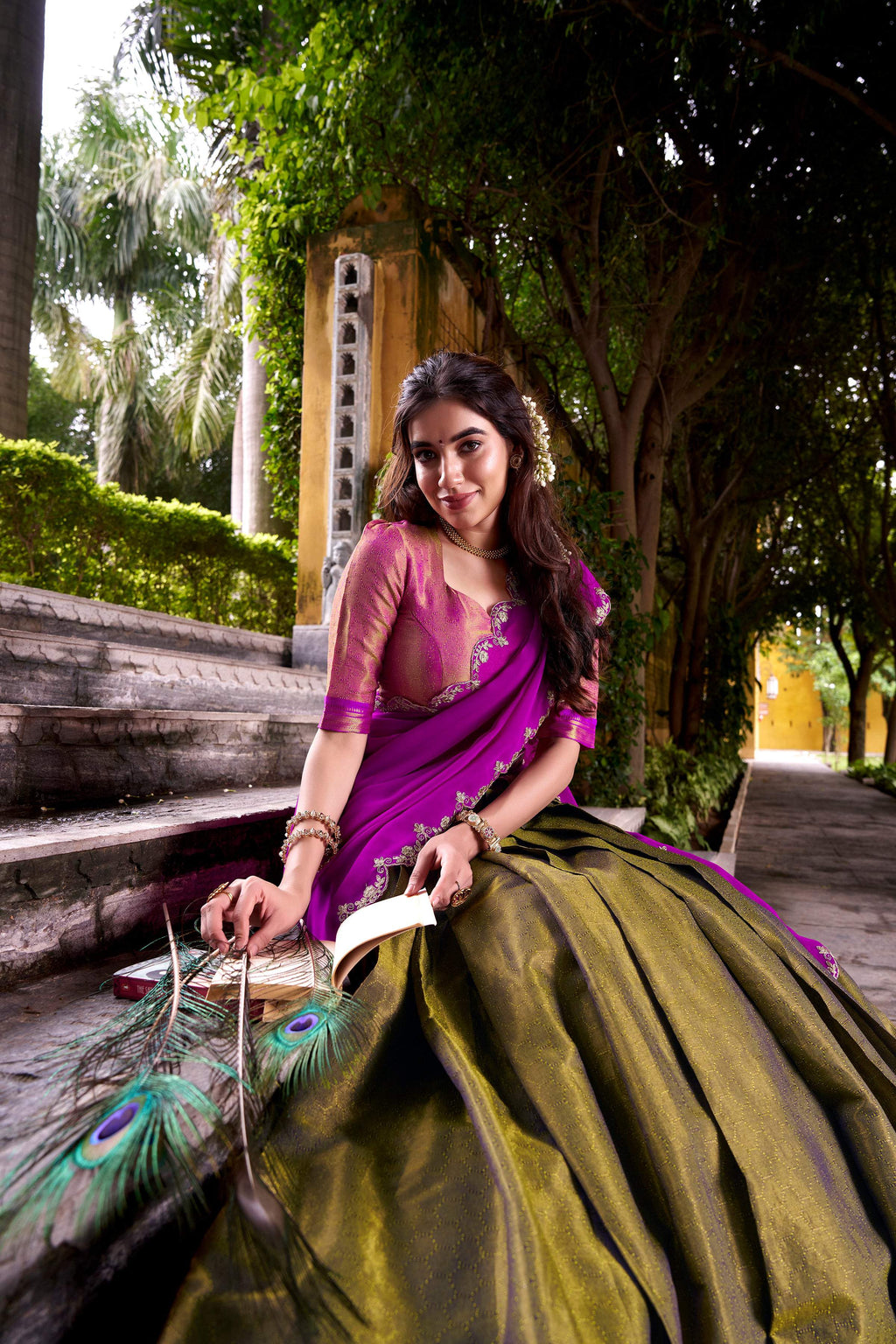Lorenvalley Fashion Mahendi Kanchipuram Zari Weaving Work Lehenga Choli with Dupatta | Grocsy