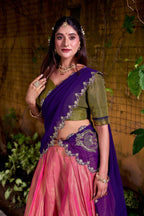 Lorenvalley Fashion Pink Kanchipuram Zari Weaving Work Lehenga Choli with Dupatta | Grocsy