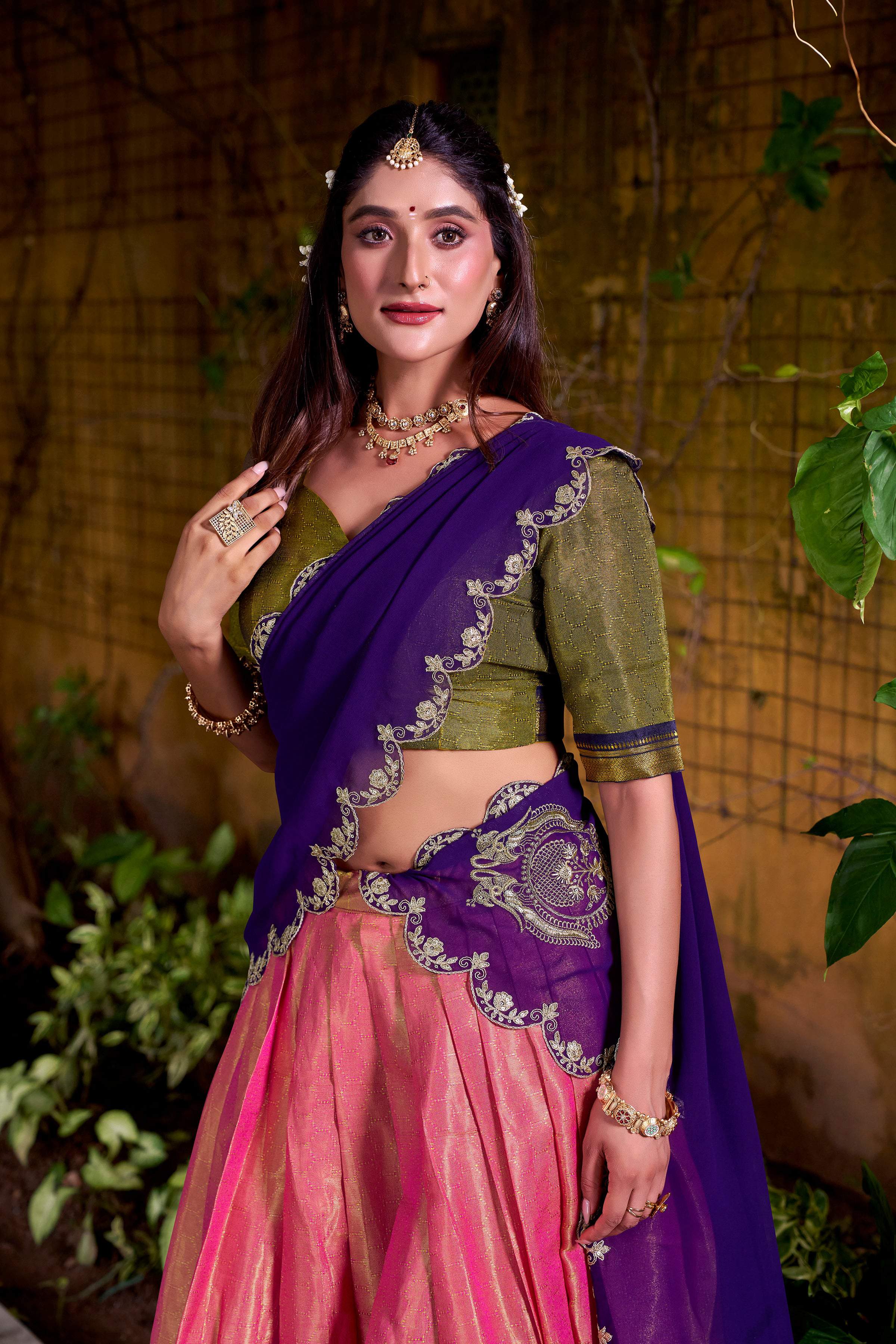 Lorenvalley Fashion Pink Kanchipuram Zari Weaving Work Lehenga Choli with Dupatta | Grocsy