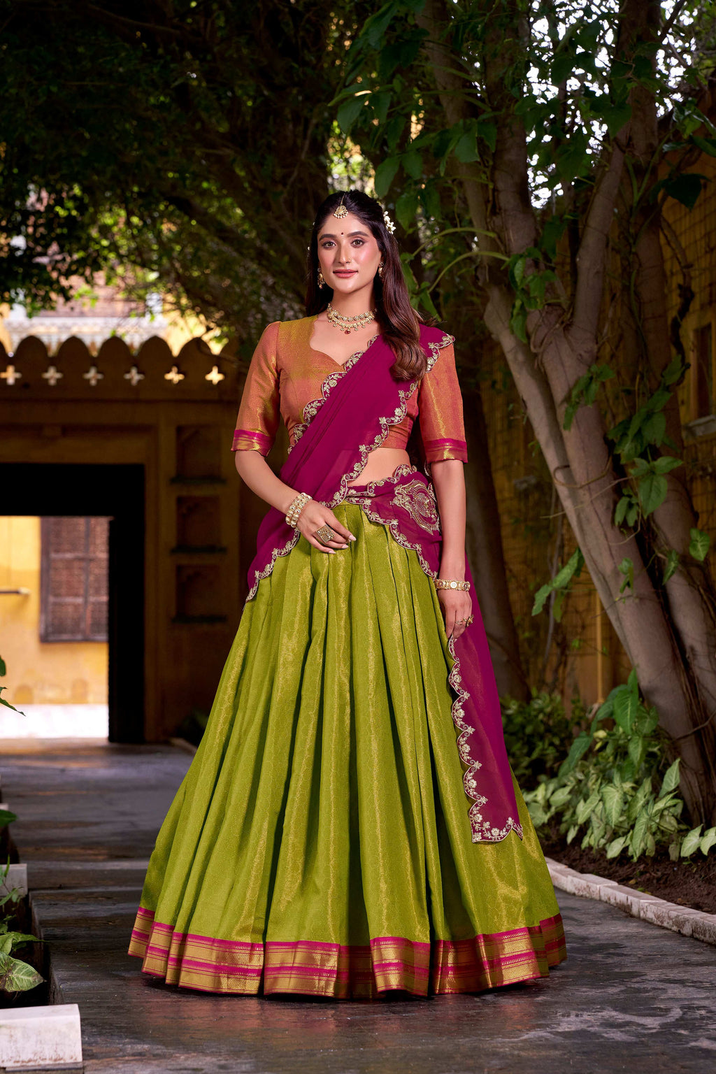 Lorenvalley Fashion Pista Kanchipuram Zari Weaving Work Lehenga Choli with Dupatta | Grocsy