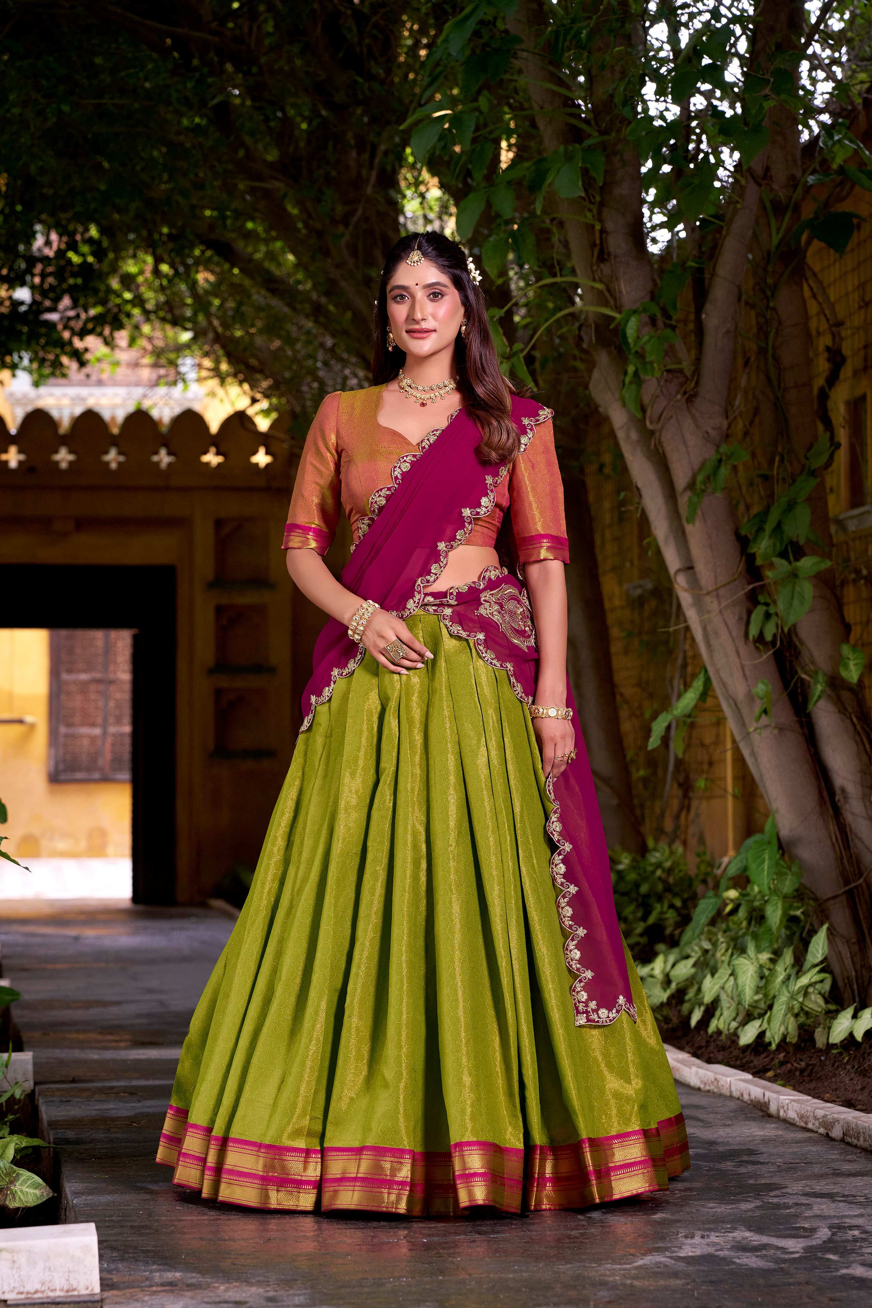 Lorenvalley Fashion Pista Kanchipuram Zari Weaving Work Lehenga Choli with Dupatta | Grocsy