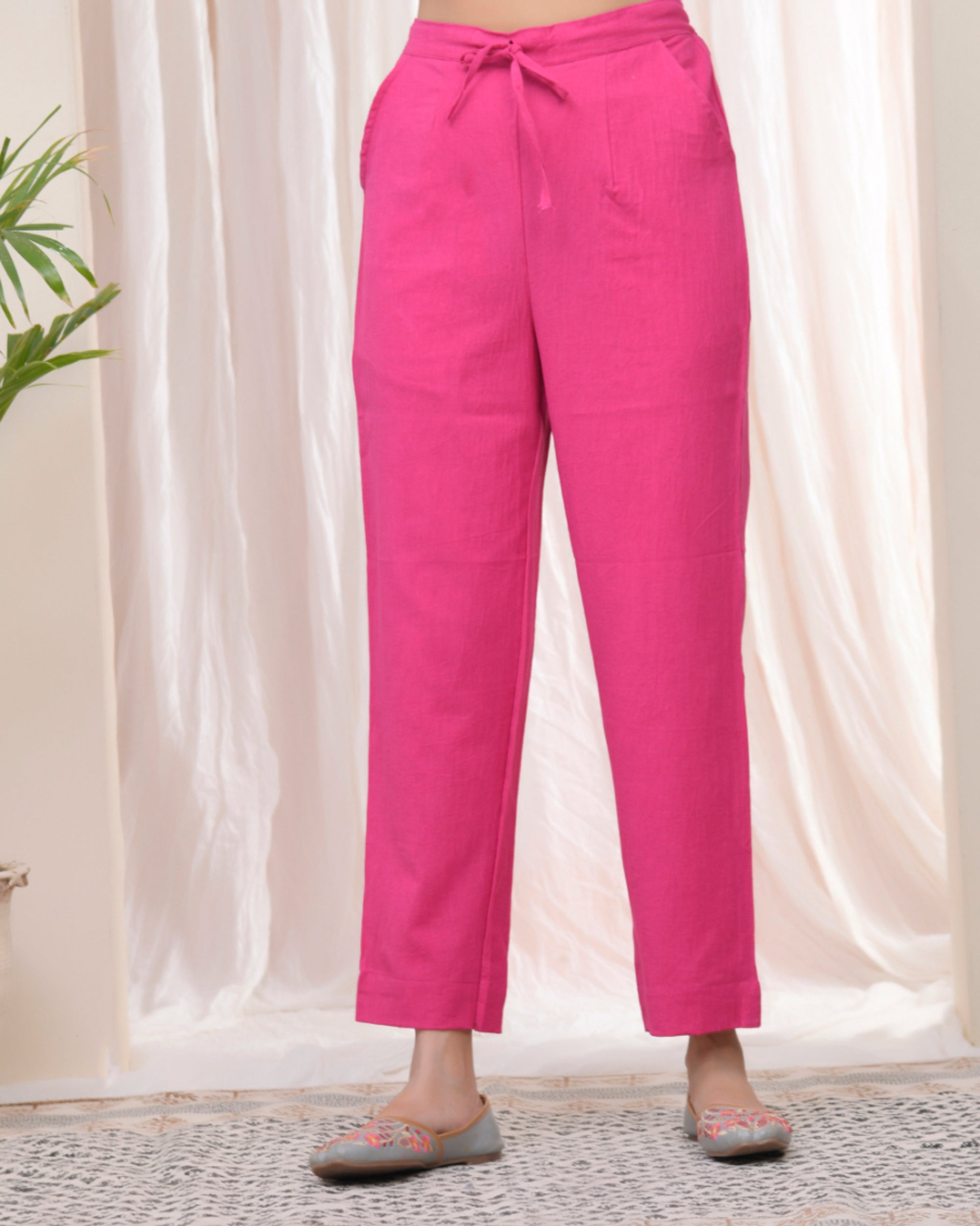 Vaasva Women Rani Cotton Flax Solid Straight Pants | Grocsy