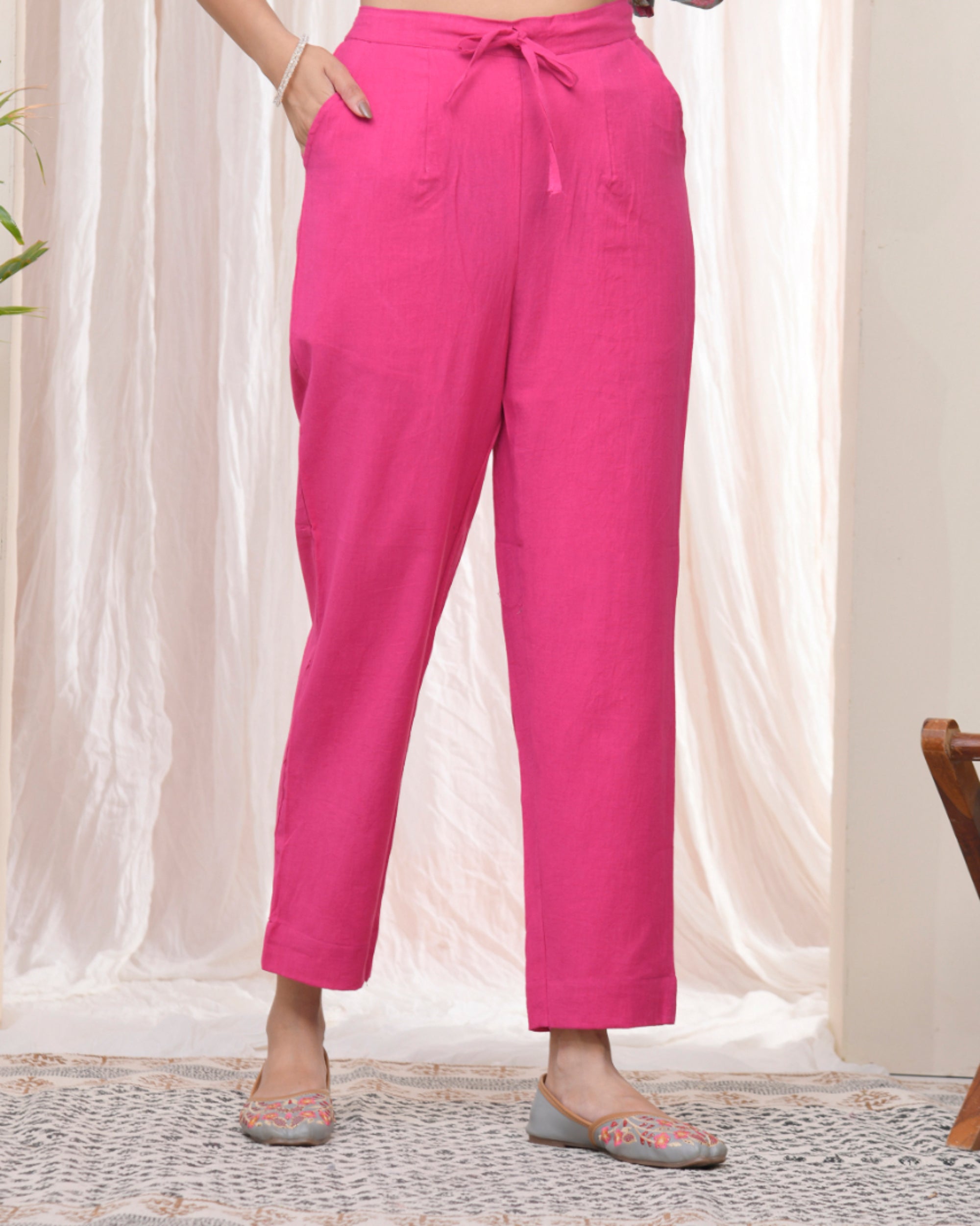 Vaasva Women Rani Cotton Flax Solid Straight Pants | Grocsy