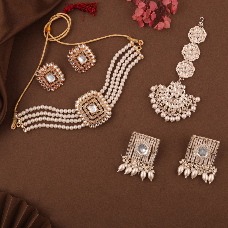 Tehzeeb Creations Fashionable Gold Necklace Earrings With Tikka Studded With Kundan And Pearl | Grocsy