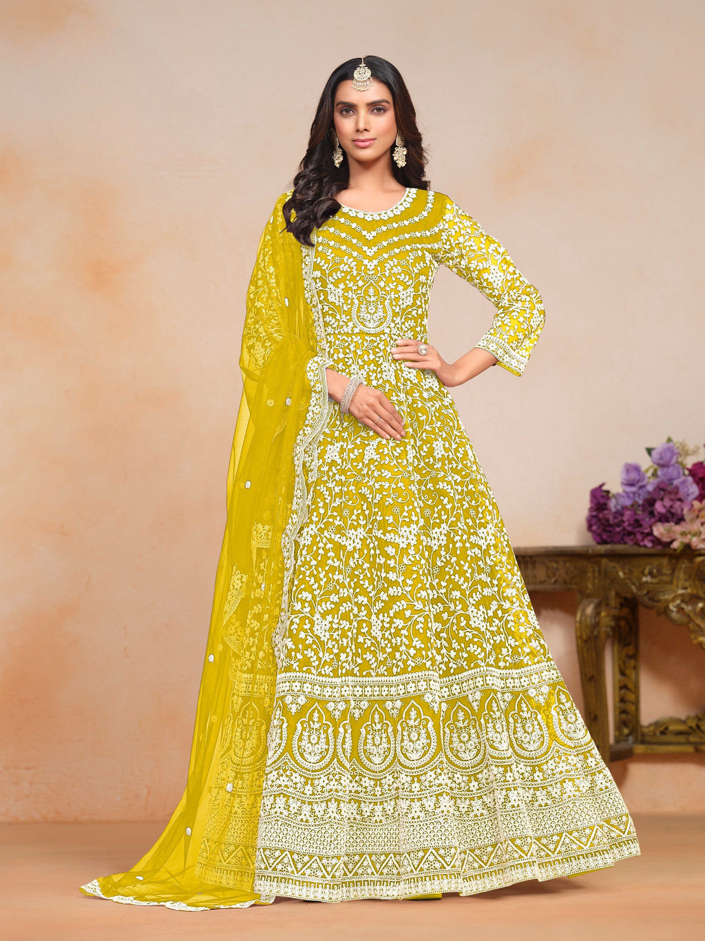Anaita Yellow Embroidered Net Anarkali Suit | Grocsy