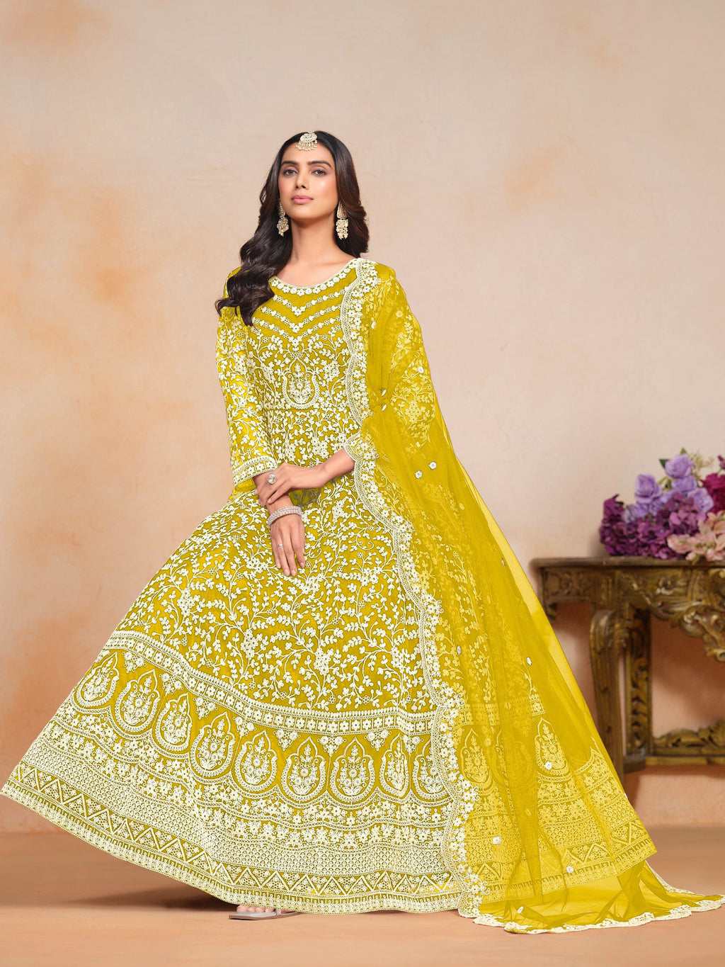 Anaita Yellow Embroidered Net Anarkali Suit | Grocsy